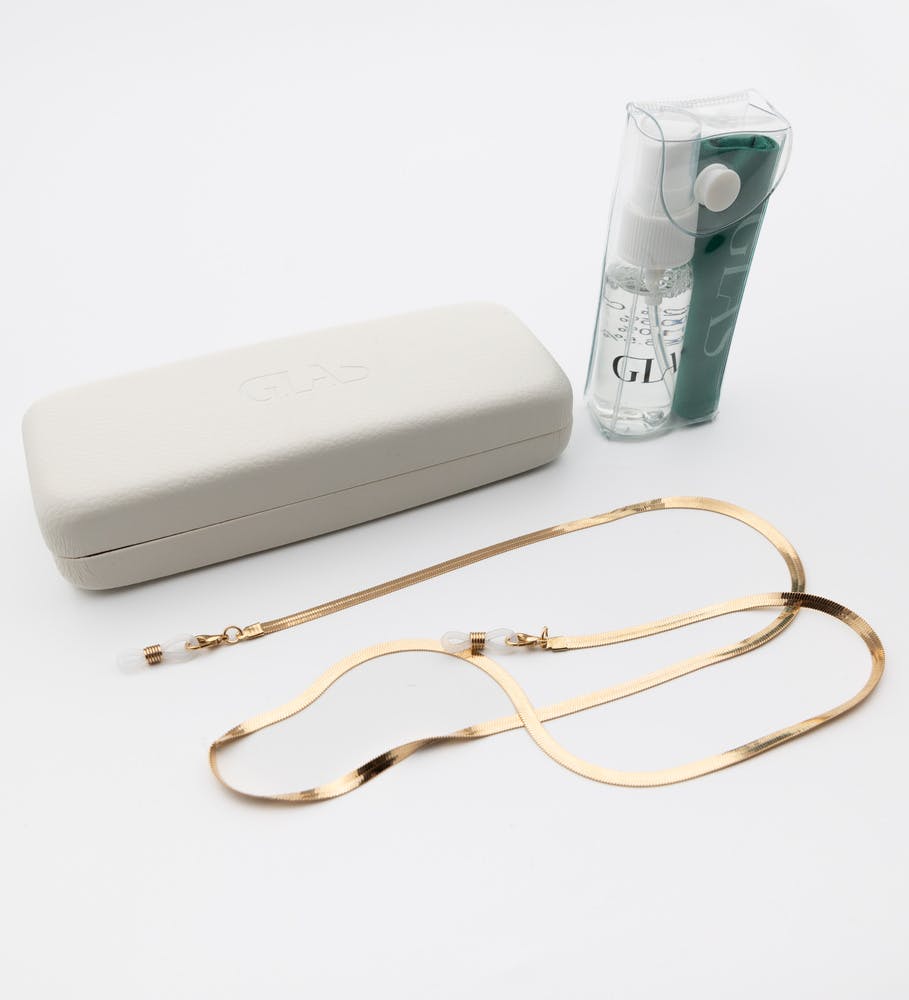 Hard case, lens cleaning kit and gold chain